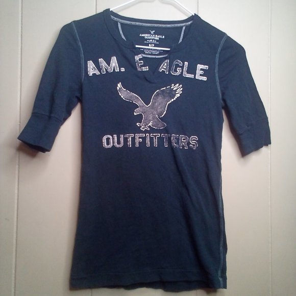American Eagle Shirt S Short Sleeve V-Neck Black Silver - Picture 1 of 10